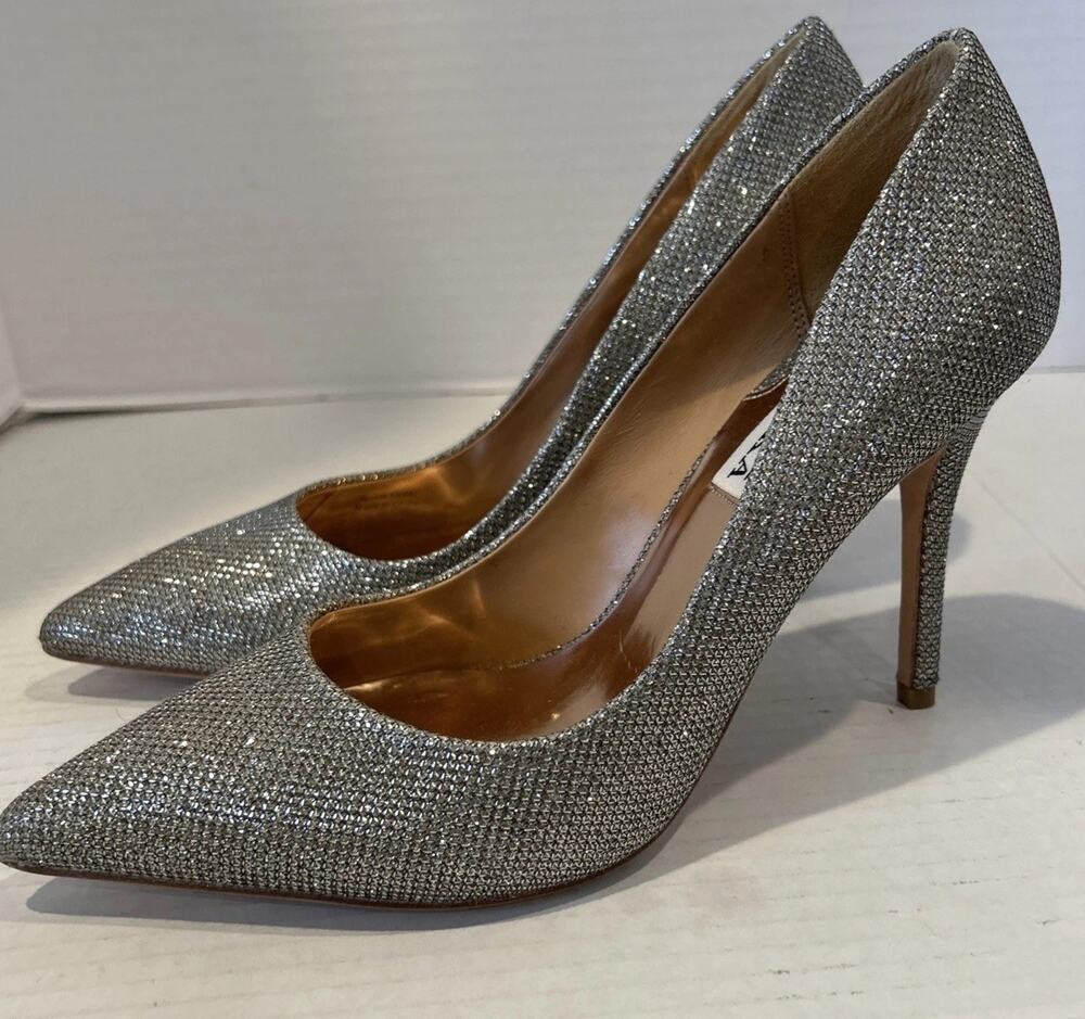 Badgley Mischka silver Sparkle Pointed Toe High Heels Pumps 6.5- leather sole